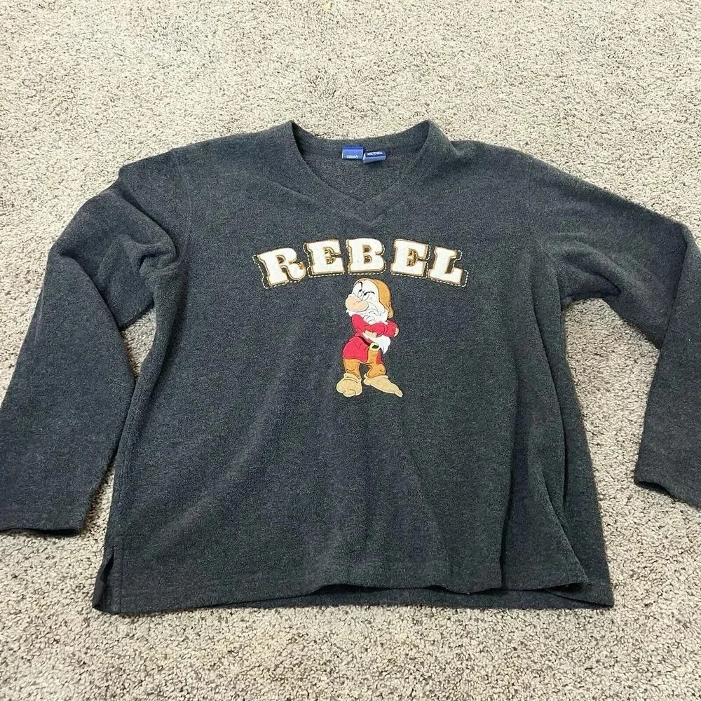 Y2K Vintage‎ 90s Disney Sweatshirt Womens Large Fleece Grumpy Rebel Gray V-Neck